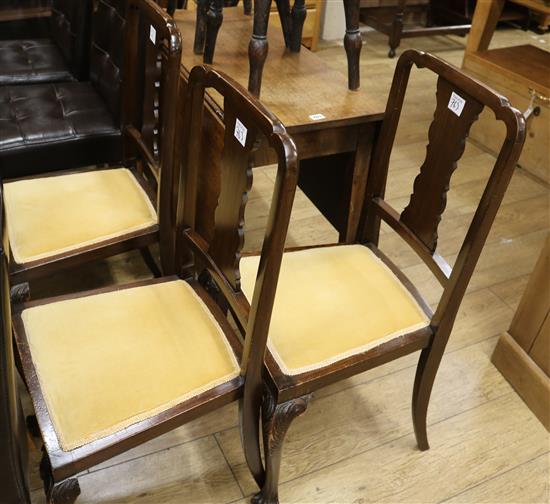 A George III mahogany drop leaf table and three 1920s salon chairs, W.92cm